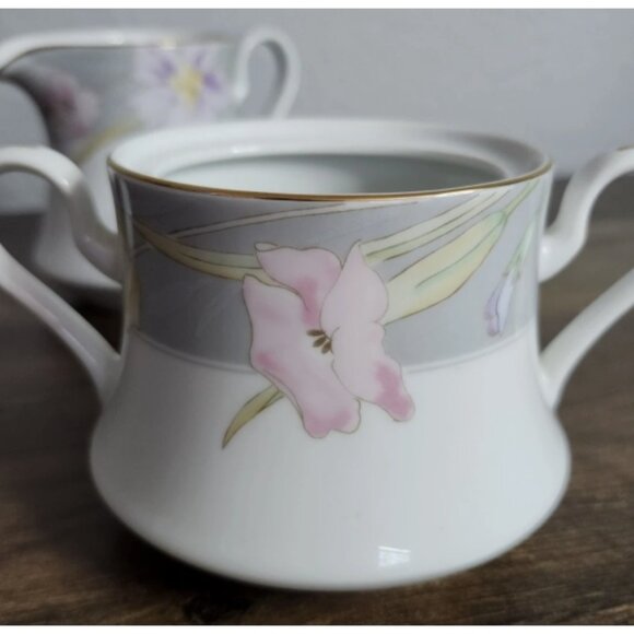 MIKASA Charisma Gray L9049 Creamer and Sugar Bowl w/Lid Floral Gold Trim Japan - Picture 4 of 14